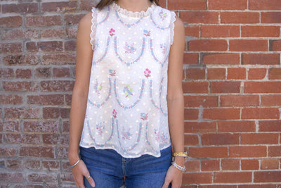 Floral Embroidery Babydoll Top-Baby Doll,Babydoll,Blue Multi,clothing,Floral,Floral Embroidery,Floral Print,Keyhole,Round Neck,Scallop,Scallop Edge,Scallop Hem,Scallop Trim,Scalloped,Scalloped Detail,Scalloped Edge,Sleeveless,Tops,women's-[option4]-[option5]-[option6]-Bella Bliss Boutique in Texas