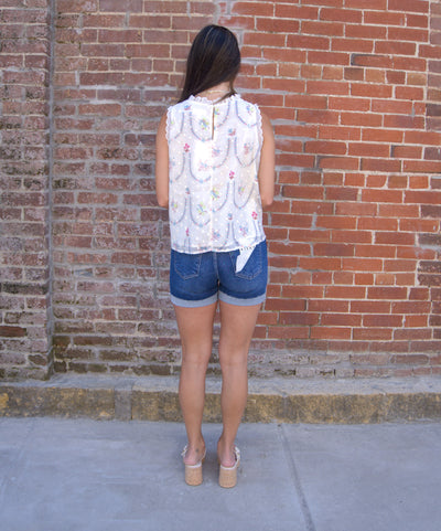 Floral Embroidery Babydoll Top-Baby Doll,Babydoll,Blue Multi,clothing,Floral,Floral Embroidery,Floral Print,Keyhole,Round Neck,Scallop,Scallop Edge,Scallop Hem,Scallop Trim,Scalloped,Scalloped Detail,Scalloped Edge,Sleeveless,Tops,women's-[option4]-[option5]-[option6]-Bella Bliss Boutique in Texas