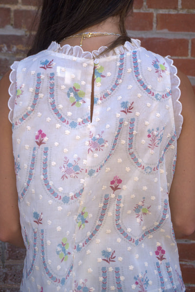 Floral Embroidery Babydoll Top-Baby Doll,Babydoll,Blue Multi,clothing,Floral,Floral Embroidery,Floral Print,Keyhole,Round Neck,Scallop,Scallop Edge,Scallop Hem,Scallop Trim,Scalloped,Scalloped Detail,Scalloped Edge,Sleeveless,Tops,women's-[option4]-[option5]-[option6]-Bella Bliss Boutique in Texas