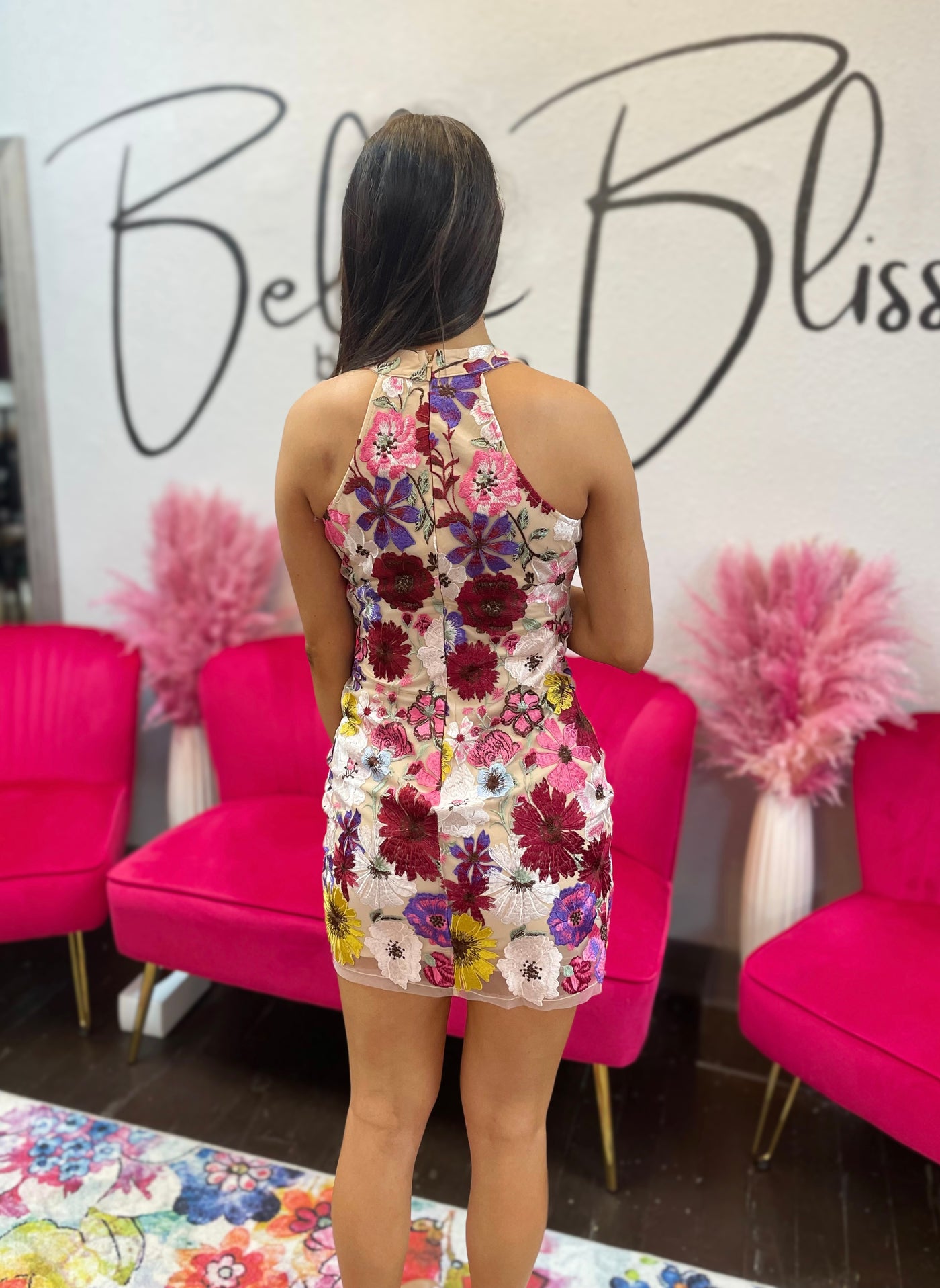 Floral Embroidery Halter Mini Dress Floral Embroidery Halter Mini Dress