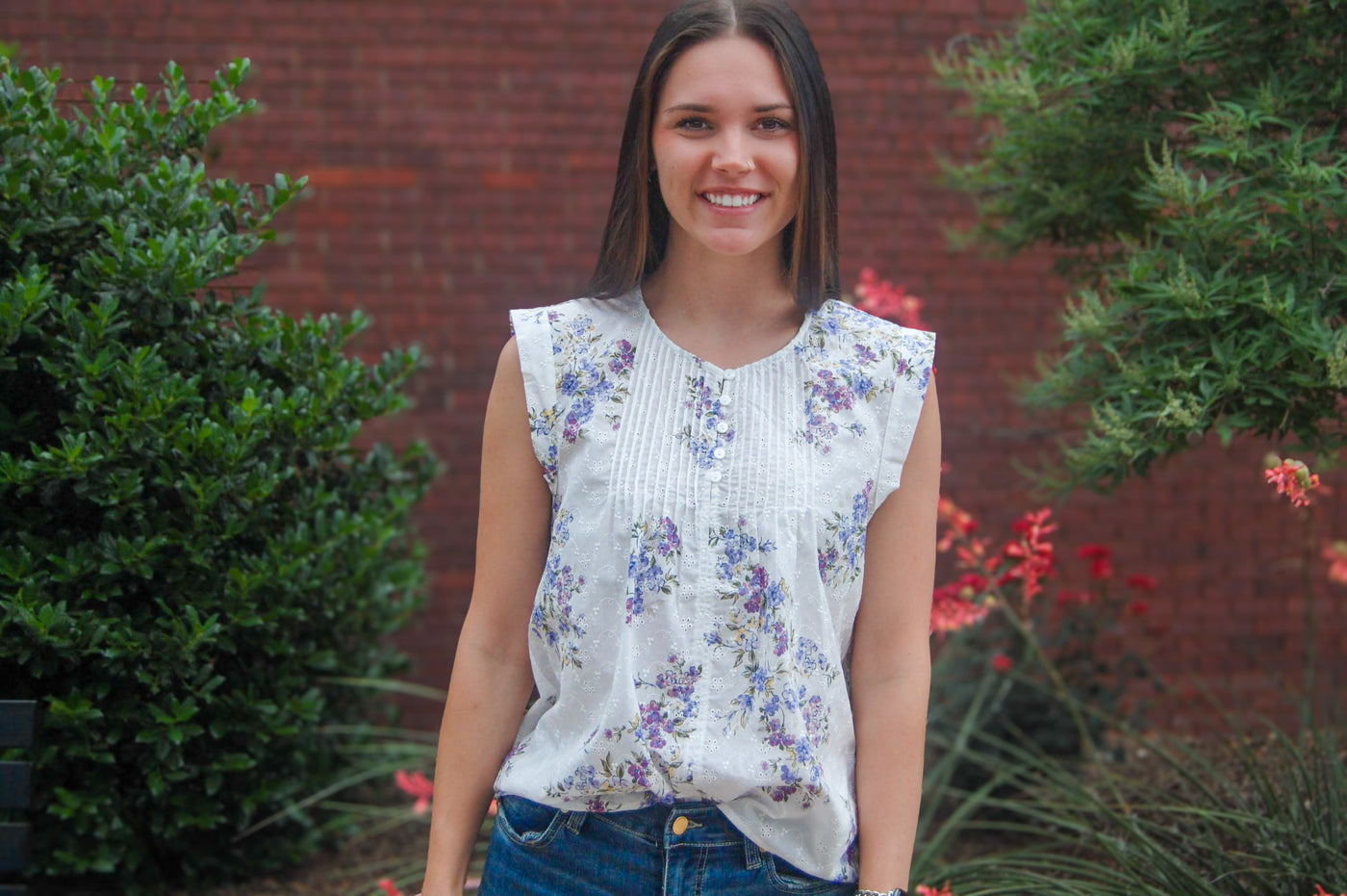 Floral Eyelet Button Front Top-Button Front,Button Front Detail,clothing,Eyelet Detail,Floral,Floral Print,Lilac,Off White,Sleeveless,Top,Tops,Women,women's-[option4]-[option5]-[option6]-Bella Bliss Boutique in Texas