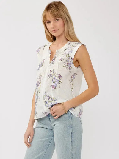 Floral Eyelet Button Front Top-Button Front,Button Front Detail,clothing,Eyelet Detail,Floral,Floral Print,Lilac,Off White,Sleeveless,Top,Tops,Women,women's-[option4]-[option5]-[option6]-Bella Bliss Boutique in Texas