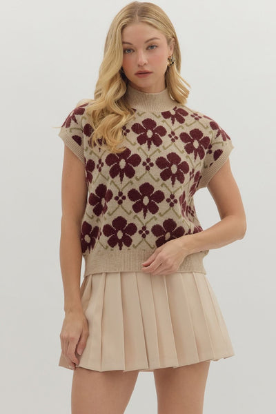 Floral High Neck Sweater-clothing,Floral Print,High Neck,Knit Sweater,Knit Top,Pullover,Rust,Sleeveless Sweater,Sweater,Sweaters,Top,Tops,Women,women's-S-[option4]-[option5]-[option6]-Bella Bliss Boutique in Texas