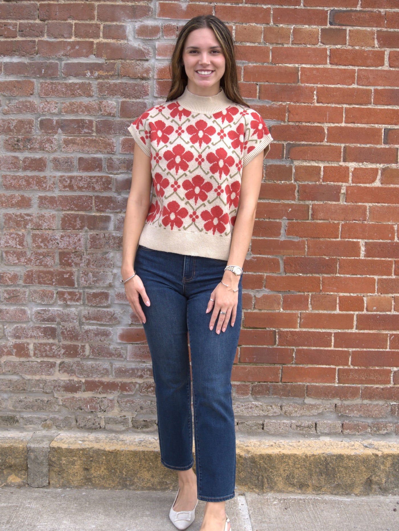 Floral High Neck Sweater-clothing,Floral Print,High Neck,Knit Sweater,Knit Top,Pullover,Rust,Sleeveless Sweater,Sweater,Sweaters,Top,Tops,Women,women's-S-[option4]-[option5]-[option6]-Bella Bliss Boutique in Texas