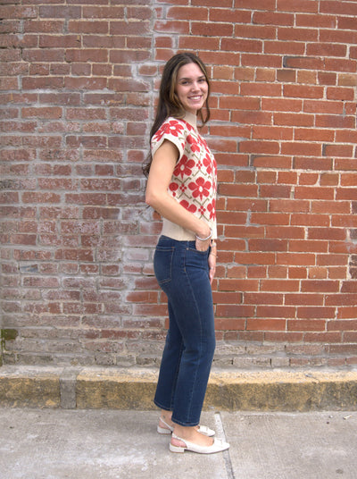 Floral High Neck Sweater-clothing,Floral Print,High Neck,Knit Sweater,Knit Top,Pullover,Rust,Sleeveless Sweater,Sweater,Sweaters,Top,Tops,Women,women's-[option4]-[option5]-[option6]-Bella Bliss Boutique in Texas