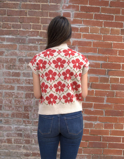 Floral High Neck Sweater-clothing,Floral Print,High Neck,Knit Sweater,Knit Top,Pullover,Rust,Sleeveless Sweater,Sweater,Sweaters,Top,Tops,Women,women's-[option4]-[option5]-[option6]-Bella Bliss Boutique in Texas
