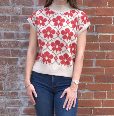 Floral High Neck Sweater-clothing,Floral Print,High Neck,Knit Sweater,Knit Top,Pullover,Rust,Sleeveless Sweater,Sweater,Sweaters,Top,Tops,Women,women's-[option4]-[option5]-[option6]-Bella Bliss Boutique in Texas