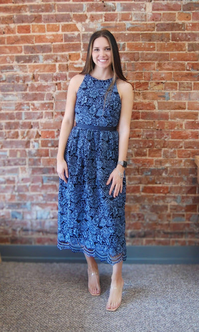 Floral Lace Up Back Midi Dress-clothing,dress,dresses,Floral Print,Lace Up,Lace Up Back,Lace Up Detail,Midi Dress,navy,navy blue,Sleeveless,Women,women's-[option4]-[option5]-[option6]-Bella Bliss Boutique in Texas