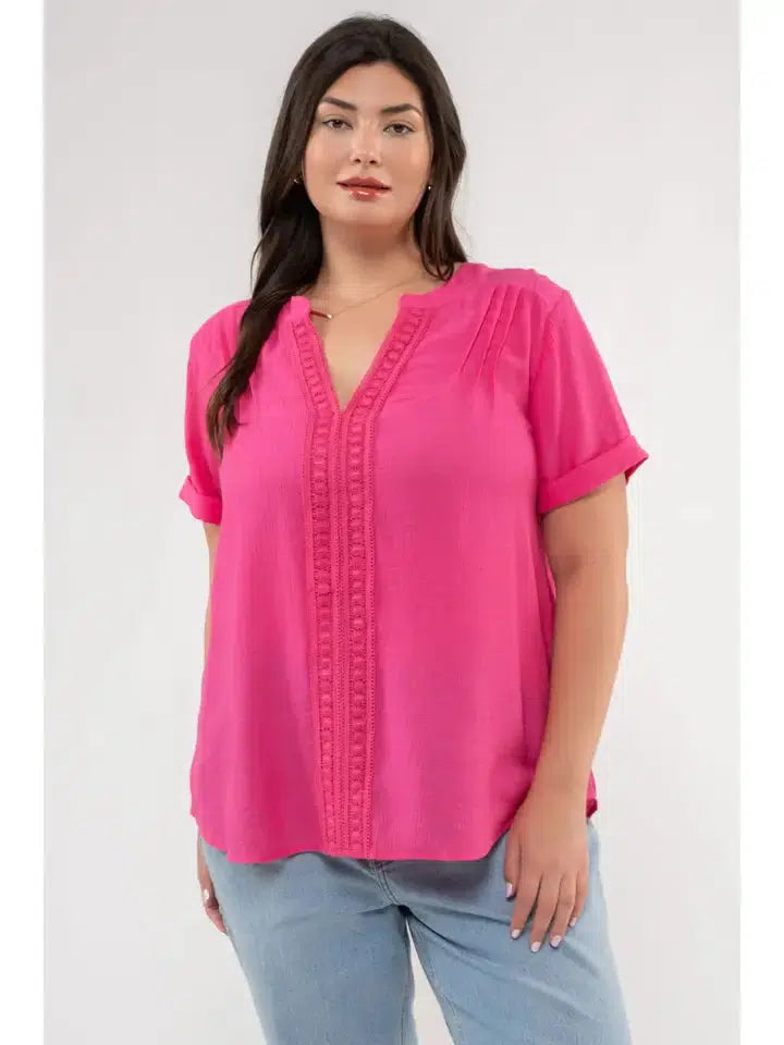 Floral Lace Woven Top-Black, clothing, Curvy, Floral Lace, Fuchsia, teal, Top, Tops, women, women's-1XL-Fuchsia-[option4]-[option5]-[option6]-Bella Bliss Boutique in Texas