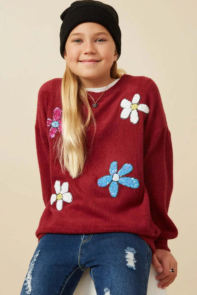 Floral Patch Brushed Rib Knit Top-Brushed,Burgndy,Children & Tweens,clothing,floral Detail,Rib Knit,Sale,Sequin Detail,Sequin Flowers,Tweens 7-14-[option4]-[option5]-[option6]-Bella Bliss Boutique in Texas