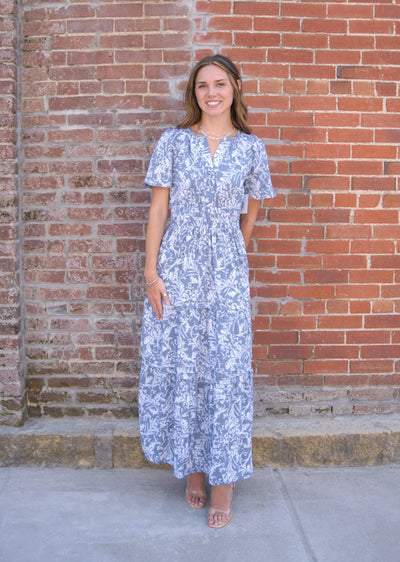 Floral Pintuck Maxi Dress-Blue/Grey,clothing,dress,dresses,Floral,Floral Print,Maxi Dress,Pintuck,Tiered Dress,Women,women's-S-[option4]-[option5]-[option6]-Bella Bliss Boutique in Texas