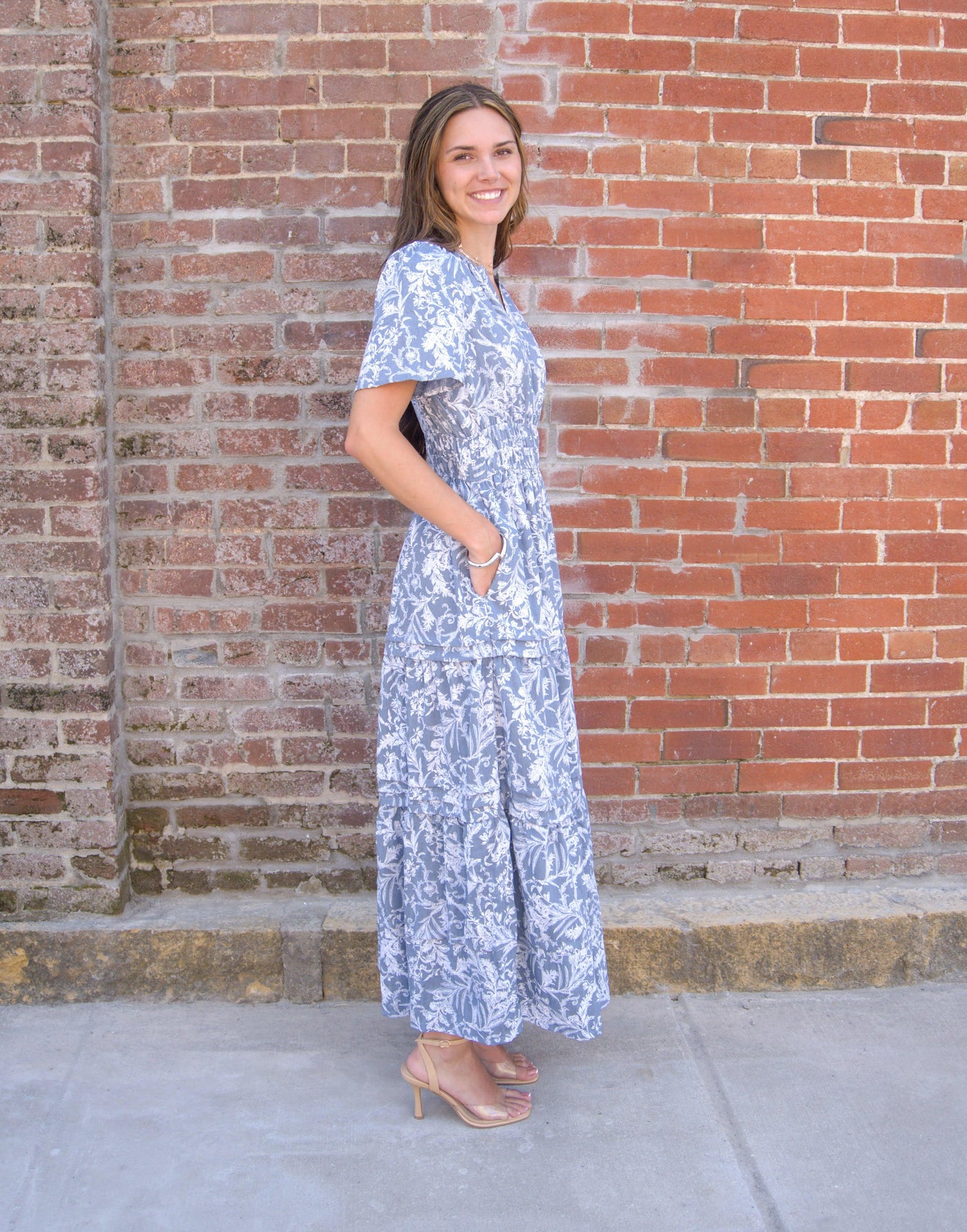 Floral Pintuck Maxi Dress-Blue/Grey,clothing,dress,dresses,Floral,Floral Print,Maxi Dress,Pintuck,Tiered Dress,Women,women's-[option4]-[option5]-[option6]-Bella Bliss Boutique in Texas
