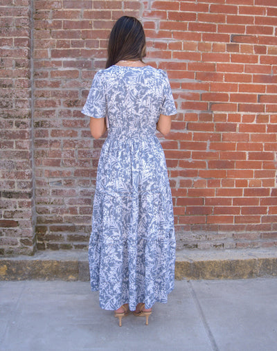 Floral Pintuck Maxi Dress-Blue/Grey,clothing,dress,dresses,Floral,Floral Print,Maxi Dress,Pintuck,Tiered Dress,Women,women's-[option4]-[option5]-[option6]-Bella Bliss Boutique in Texas
