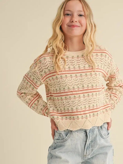 Floral Pointelle Sweater-Children & Tweens, clothing, Floral Pattern, Pointelle, Sweater, Sweaters, Top, Tops, Tweens 7-14-7/8-[option4]-[option5]-[option6]-Bella Bliss Boutique in Texas