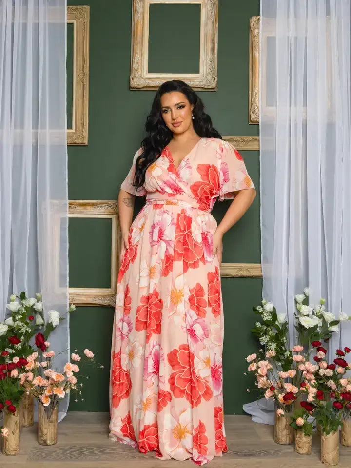 Floral Print Chiffon Maxi Dress-Blush Multi,Chiffon,clothing,Curvy,dress,dresses,Floral Print,Flutter Sleeve,Maxi Dress,Surplice,Surplice Neck,Tie Waist-[option4]-[option5]-[option6]-Bella Bliss Boutique in Texas