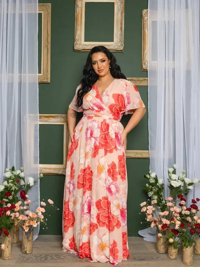 Floral Print Chiffon Maxi Dress-Blush Multi,Chiffon,clothing,Curvy,dress,dresses,Floral Print,Flutter Sleeve,Maxi Dress,Surplice,Surplice Neck,Tie Waist-[option4]-[option5]-[option6]-Bella Bliss Boutique in Texas