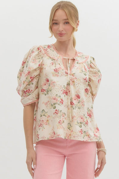 Floral Print Embroidered Eyelet Top-clothing, Cream, embroidered, Embroidered Detail, Eyelet Detail, Floral, Floral Print, Scallop, Scallop Crochet Hem, Scallop Hem, Scalloped, Top, Tops, Women, women's-S-[option4]-[option5]-[option6]-Bella Bliss Boutique in Texas