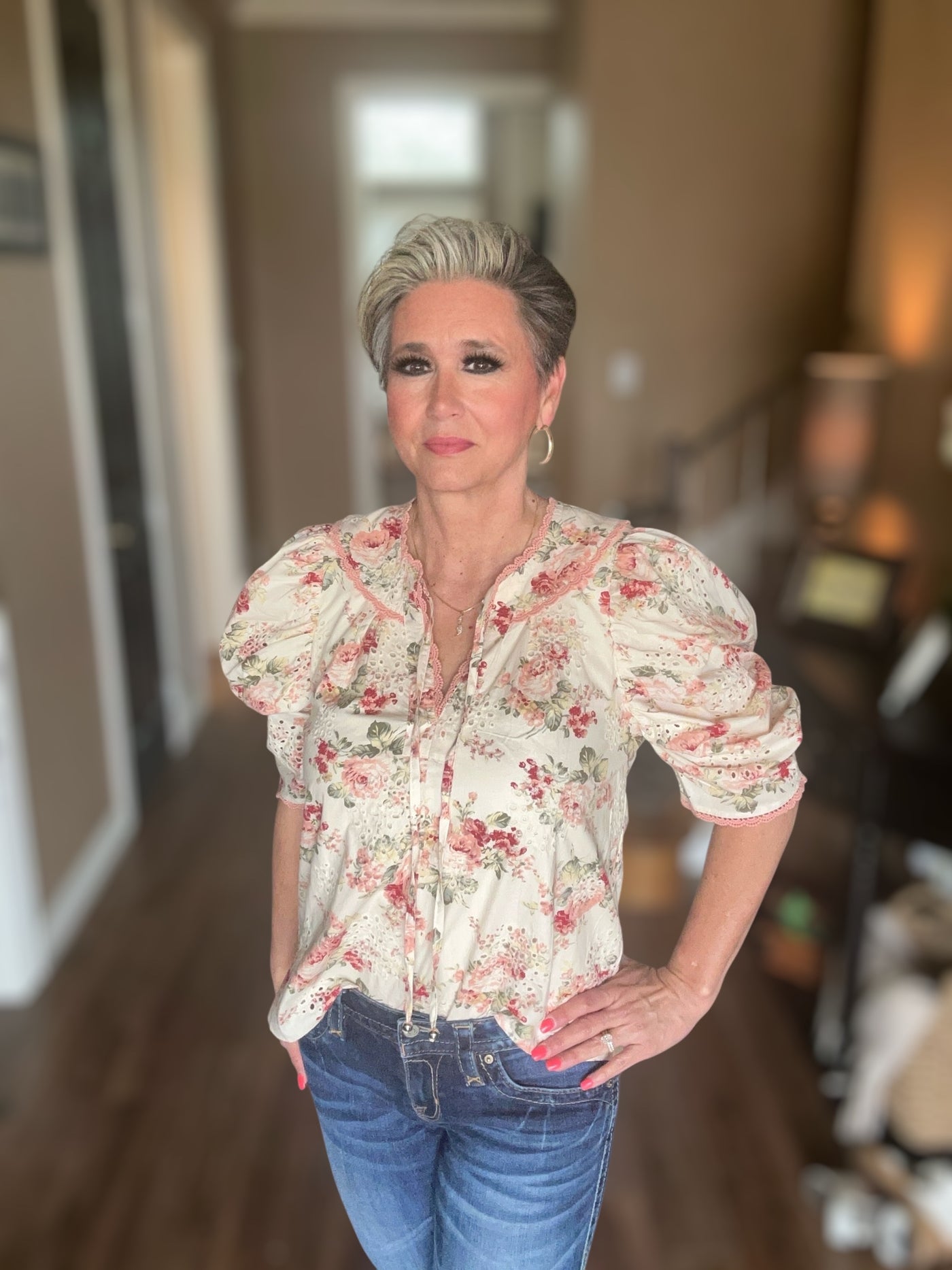 Floral Print Embroidered Eyelet Top-clothing,Cream,embroidered,Embroidered Detail,Eyelet Detail,Floral,Floral Print,Sale,Scallop,Scallop Crochet Hem,Scallop Hem,Scalloped,Top,Tops,Women,women's-[option4]-[option5]-[option6]-Bella Bliss Boutique in Texas