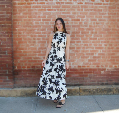 Floral Print Halter Maxi Dress-Black,clothing,dress,dresses,Floral,Floral Print,Halter Dress,Maxi Dress,Ruched,Ruched Waist,Women,women's-[option4]-[option5]-[option6]-Bella Bliss Boutique in Texas