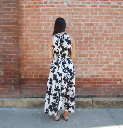 Floral Print Halter Maxi Dress-Black,clothing,dress,dresses,Floral,Floral Print,Halter Dress,Maxi Dress,Ruched,Ruched Waist,Women,women's-[option4]-[option5]-[option6]-Bella Bliss Boutique in Texas