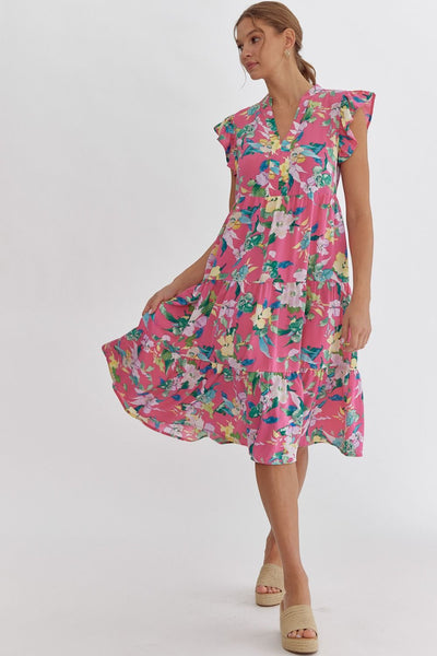 Floral Print Midi Dress-clothing, dress, dresses, Floral, Floral Print, Midi Dress, Pink, Placket Detail, Ruffle Sleeve, Women, women's-S-[option4]-[option5]-[option6]-Bella Bliss Boutique in Texas