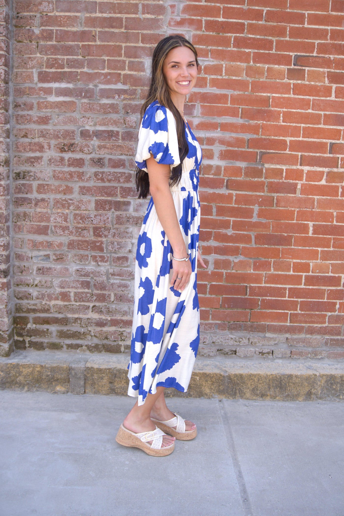 Floral Print Midi Dress-Blue,clothing,dress,dresses,Floral Print,Midi Dress,Short Sleeve,V-Neck,Women,women's-[option4]-[option5]-[option6]-Bella Bliss Boutique in Texas