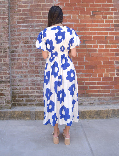 Floral Print Midi Dress-Blue,clothing,dress,dresses,Floral Print,Midi Dress,Short Sleeve,V-Neck,Women,women's-[option4]-[option5]-[option6]-Bella Bliss Boutique in Texas