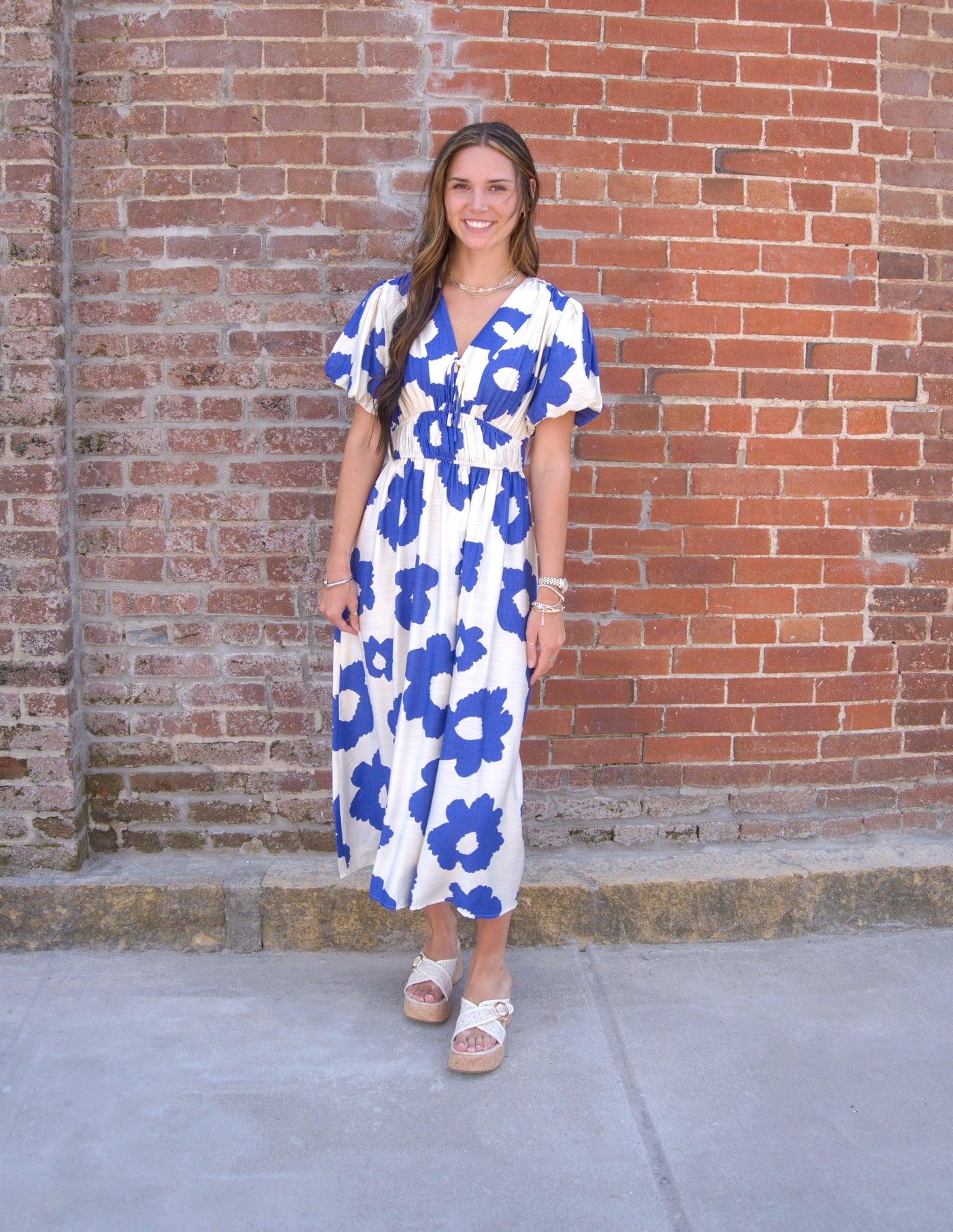 Floral Print Midi Dress-Blue,clothing,dress,dresses,Floral Print,Midi Dress,Short Sleeve,V-Neck,Women,women's-[option4]-[option5]-[option6]-Bella Bliss Boutique in Texas