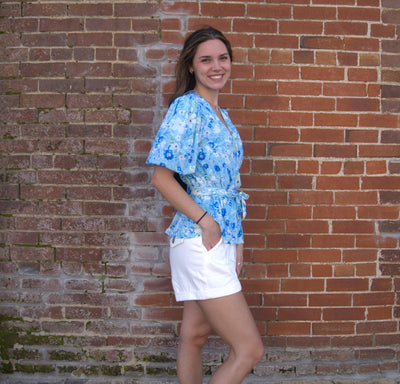 Floral Print Peplum Top-Baby Blue,Bubble Sleeves,clothing,Elastic Waist,Floral Print,Peplum,Peplum Top,Self Sash Belt,Top,Tops,Women,women's-[option4]-[option5]-[option6]-Bella Bliss Boutique in Texas