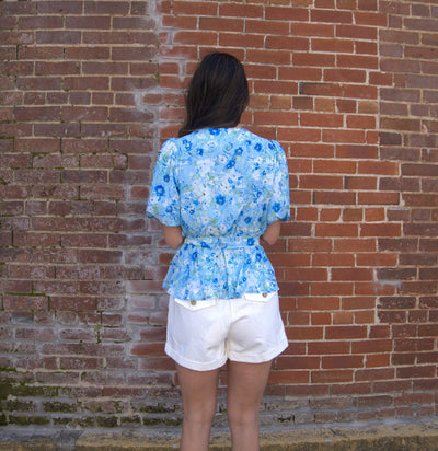 Floral Print Peplum Top-Baby Blue,Bubble Sleeves,clothing,Elastic Waist,Floral Print,Peplum,Peplum Top,Self Sash Belt,Top,Tops,Women,women's-[option4]-[option5]-[option6]-Bella Bliss Boutique in Texas