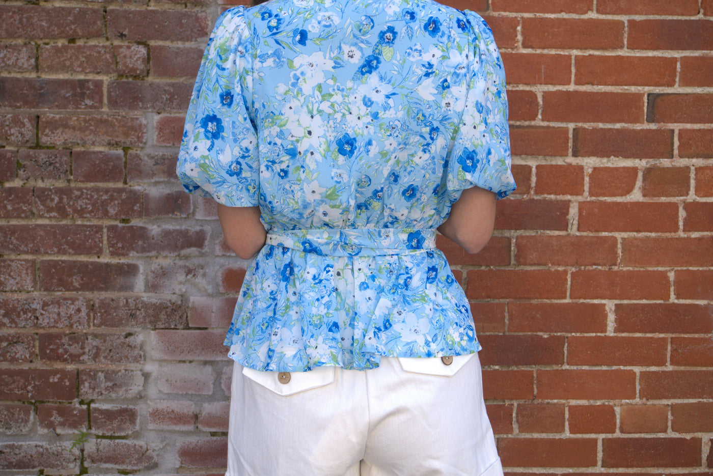 Floral Print Peplum Top-Baby Blue,Bubble Sleeves,clothing,Elastic Waist,Floral Print,Peplum,Peplum Top,Self Sash Belt,Top,Tops,Women,women's-[option4]-[option5]-[option6]-Bella Bliss Boutique in Texas