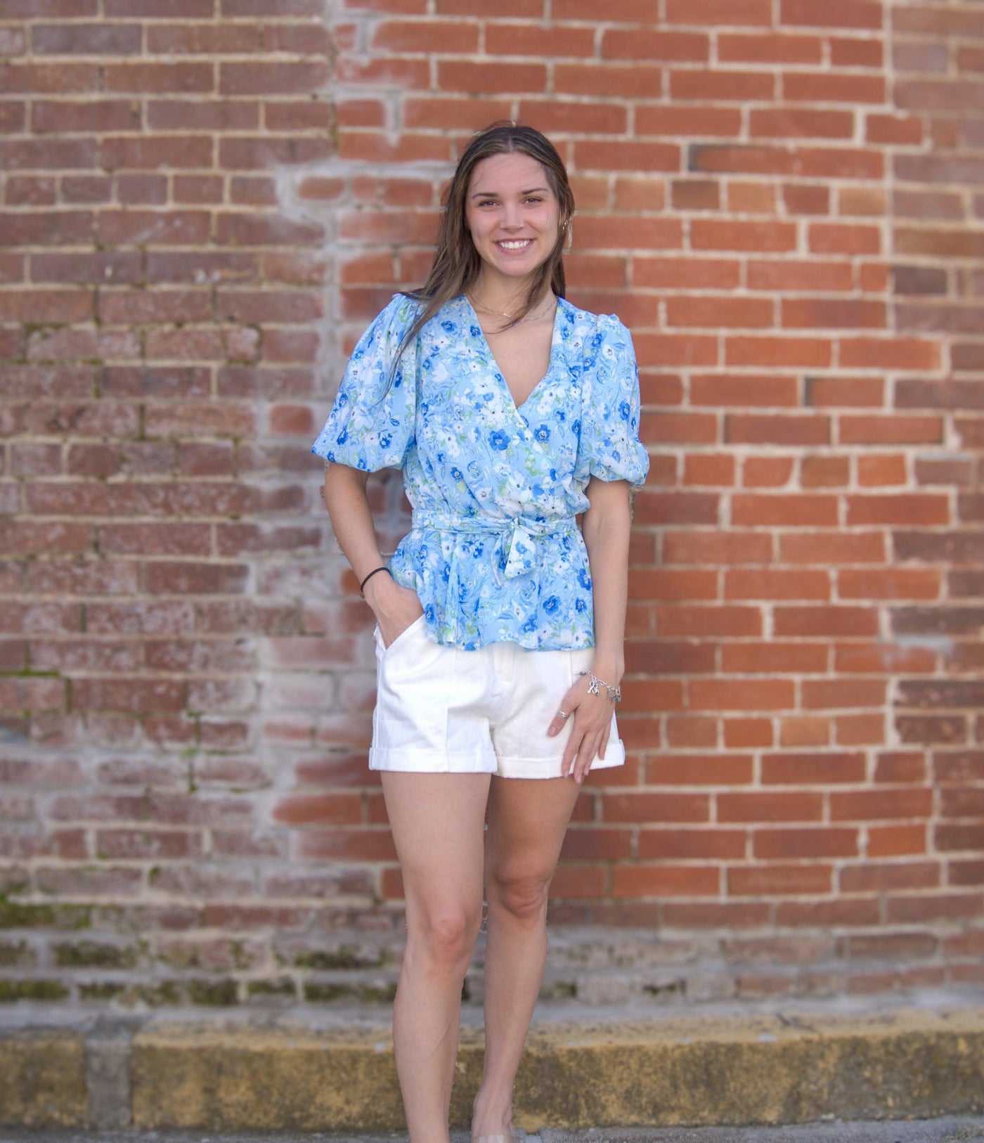 Floral Print Peplum Top-Baby Blue,Bubble Sleeves,clothing,Elastic Waist,Floral Print,Peplum,Peplum Top,Self Sash Belt,Top,Tops,Women,women's-[option4]-[option5]-[option6]-Bella Bliss Boutique in Texas