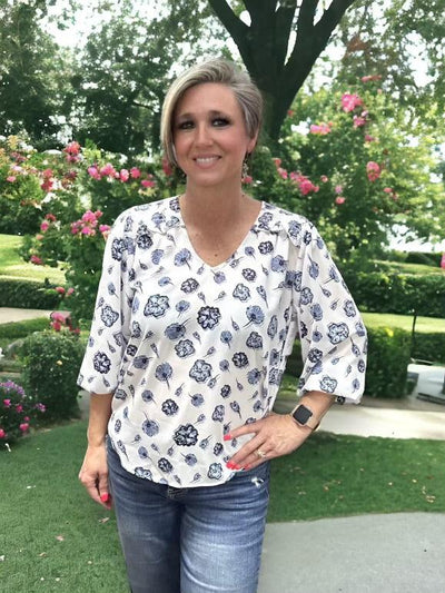 Floral Print Popover Top-3/4 Sleeve, Clothing, Floral, Floral Print, Ruffle Detail, Smocked, Smocked Shoulders, Smocking, spring, top, Tops, V-Neck, women, Women's, women's tops-S-[option4]-[option5]-[option6]-Bella Bliss Boutique in Texas