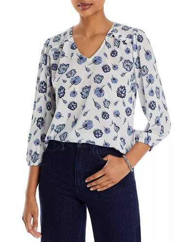 Floral Print Popover Top-Blue, clothing, Floral, Floral Print, Popover, Ruffle Detail, Smocking, Top, Tops, White, Women, women's-[option4]-[option5]-[option6]-Bella Bliss Boutique in Texas
