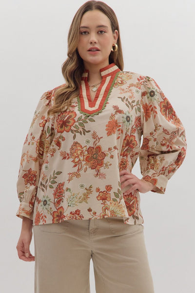 Floral Print Scallop Accent Top-3/4 Sleeve,3/4 sleeves,clothing,Curvy,Entro,Floral,Floral Print,plus size,Ruffle Detail Top,Top,Tops,Women,women's-S-[option4]-[option5]-[option6]-Bella Bliss Boutique in Texas