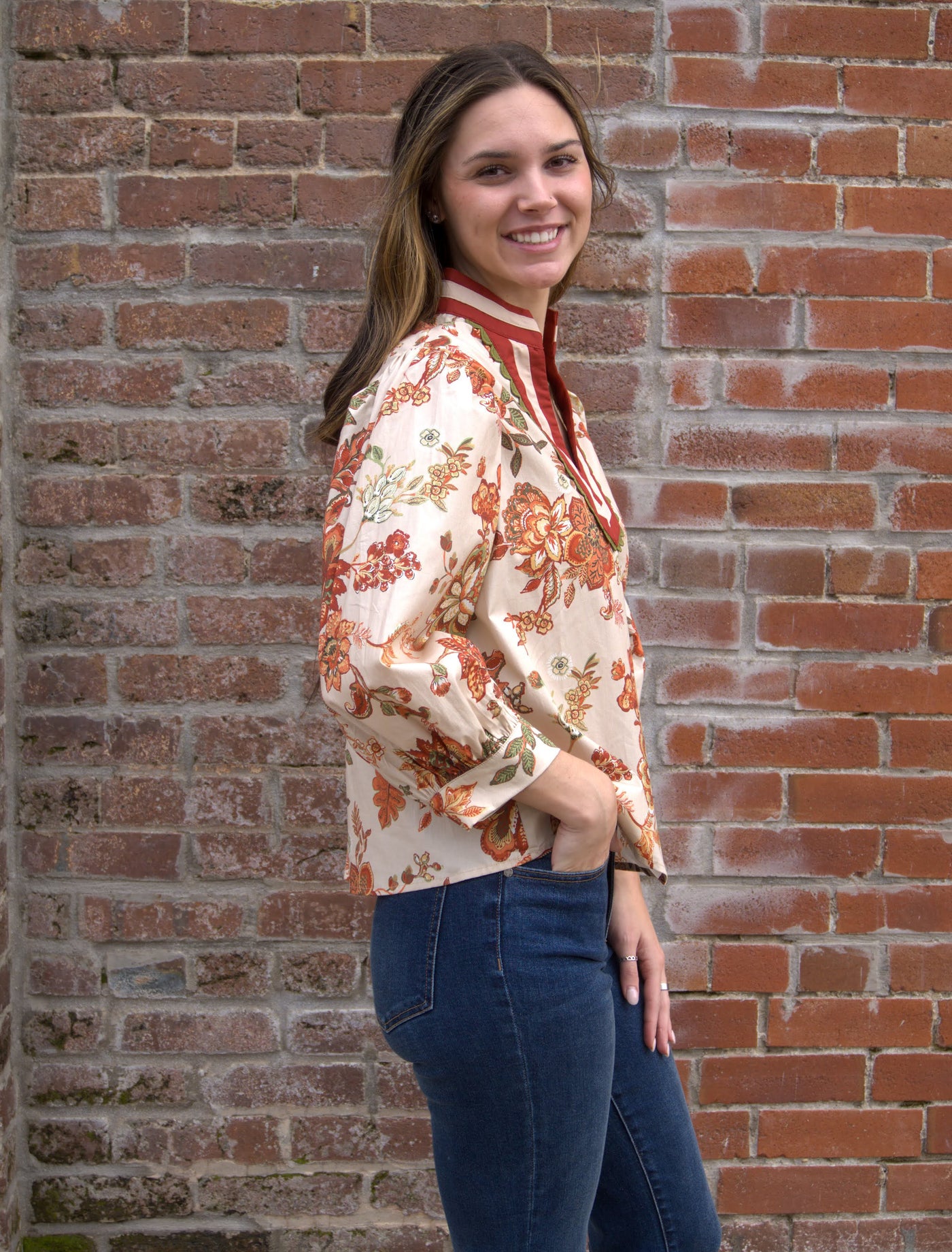 Floral Print Scallop Accent Top-3/4 Sleeve,3/4 sleeves,clothing,Curvy,Entro,Floral,Floral Print,plus size,Ruffle Detail Top,Top,Tops,Women,women's-[option4]-[option5]-[option6]-Bella Bliss Boutique in Texas