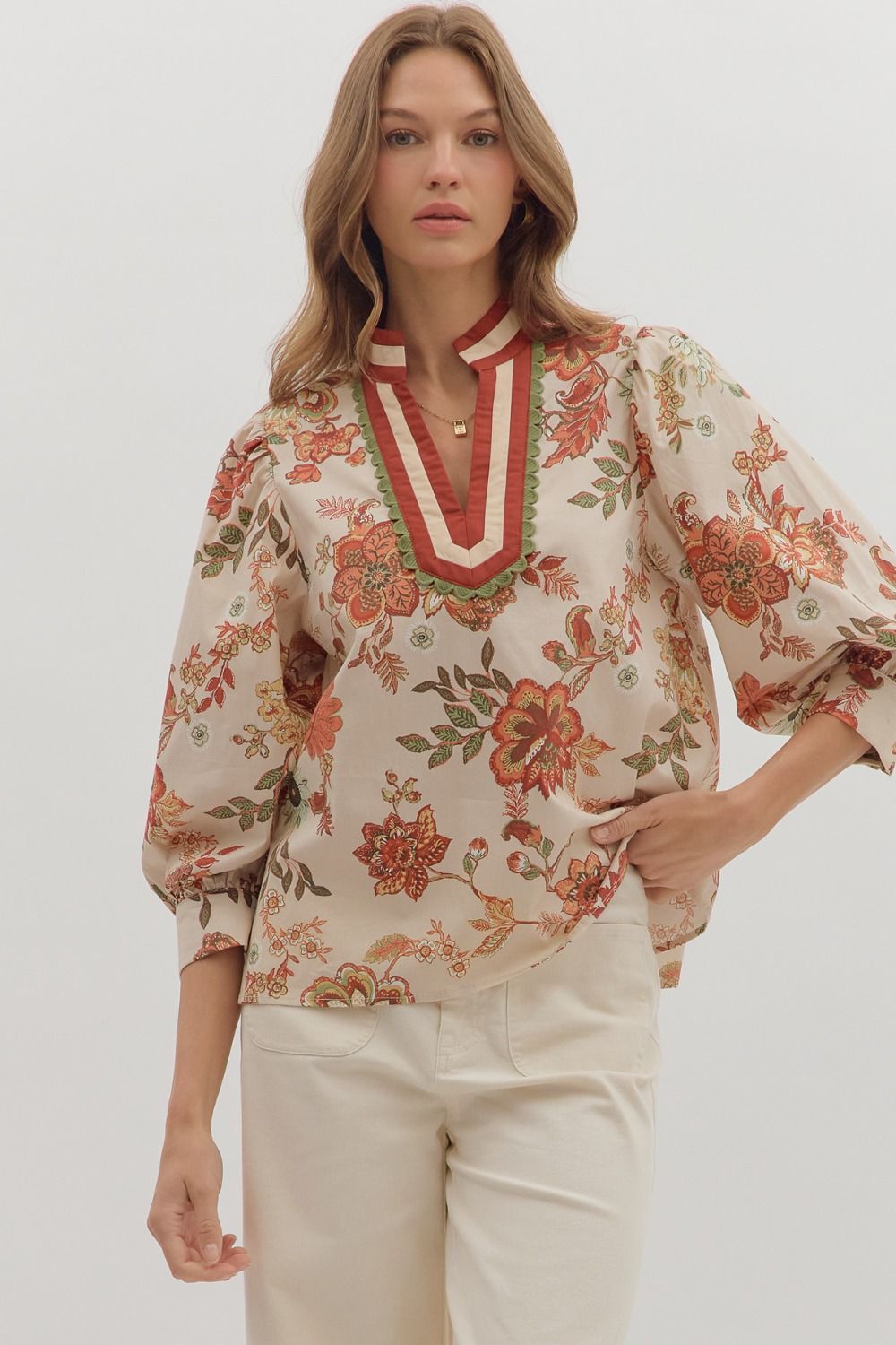 Floral Print Scallop Accent Top-3/4 Sleeve,3/4 sleeves,clothing,Curvy,Entro,Floral,Floral Print,plus size,Ruffle Detail Top,Top,Tops,Women,women's-[option4]-[option5]-[option6]-Bella Bliss Boutique in Texas