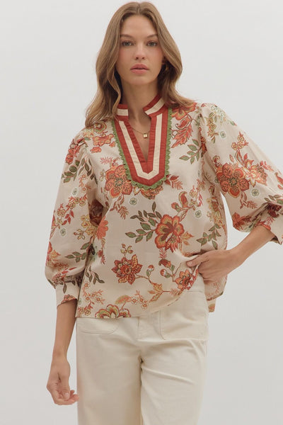 Floral Print Scallop Accent Top-3/4 Sleeve,3/4 sleeves,clothing,Curvy,Entro,Floral,Floral Print,plus size,Ruffle Detail Top,Top,Tops,Women,women's-[option4]-[option5]-[option6]-Bella Bliss Boutique in Texas