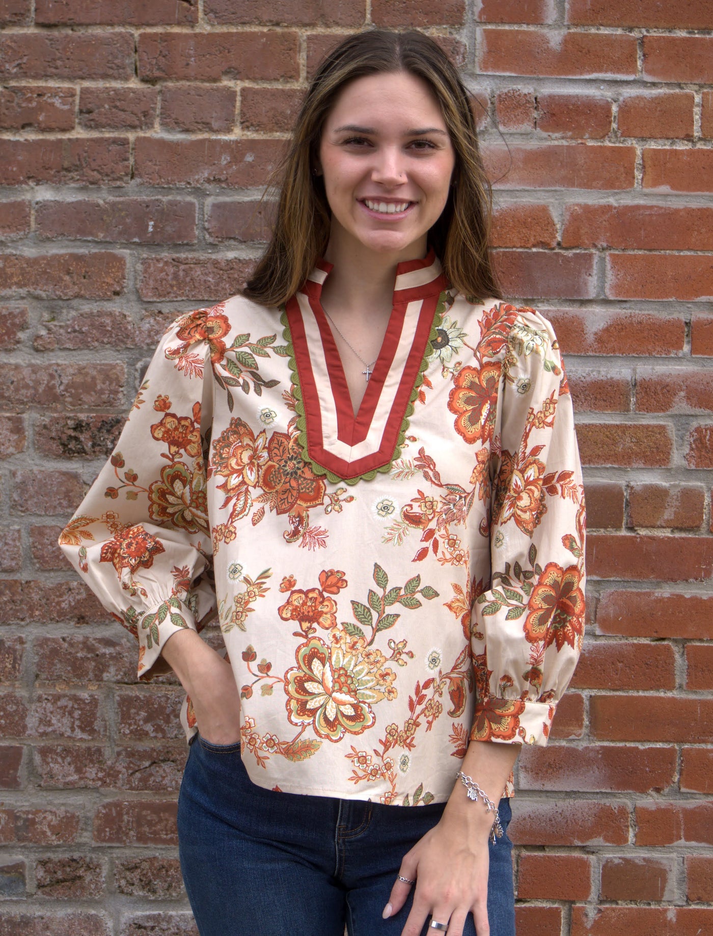 Floral Print Scallop Accent Top-3/4 Sleeve,3/4 sleeves,clothing,Curvy,Entro,Floral,Floral Print,plus size,Ruffle Detail Top,Top,Tops,Women,women's-[option4]-[option5]-[option6]-Bella Bliss Boutique in Texas