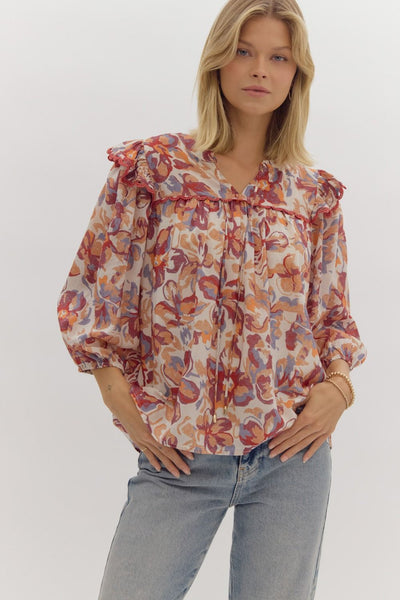 Floral Print Scallop Trim Top-3/4 Sleeve, 3/4 sleeves, Burgundy, clothing, Fall Floral, Floral, Floral Print, Ruffle Detail, Sale, Scallop Trim, Top, Tops, V-Neck, Women, women's-[option4]-[option5]-[option6]-Bella Bliss Boutique in Texas