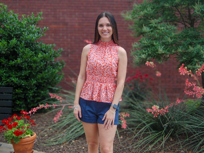 Floral Print Smocked Waist Top-clothing,Floral Print,orange,Orange Floral,Sale,smocked,smocked Detail,Smocked Neck,smocked waist,Tops,women's-[option4]-[option5]-[option6]-Bella Bliss Boutique in Texas