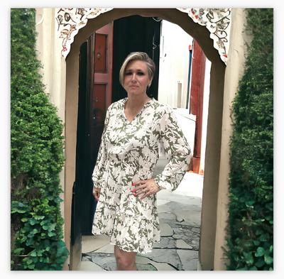 Floral Print Tie Neck Dress-clothing, dress, dresses, Floral, Floral Print, Olive, Ruffle Detail, Tie Neck, White, Women, women's-S-[option4]-[option5]-[option6]-Bella Bliss Boutique in Texas