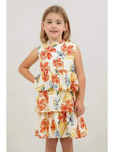 Floral Print Tiered Dress-Children & Tweens,clothing,Cream,dresses,Floral,Floral Print,Ruffle Detail,Sale,Tiered Dress,Tweens 7-14-[option4]-[option5]-[option6]-Bella Bliss Boutique in Texas