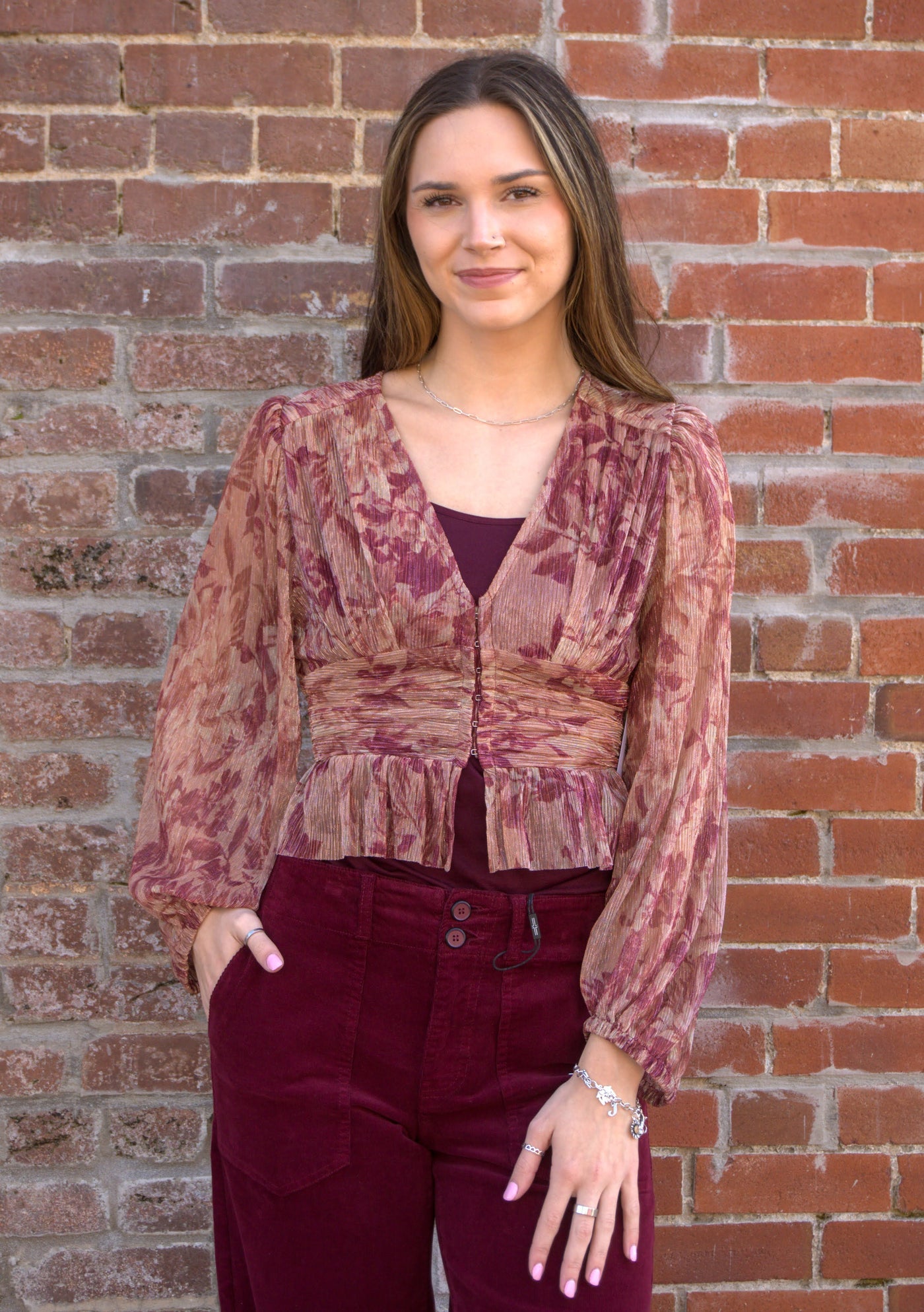 Floral Printed Blouson Blouse-blouse,Blouson Sleeves,clothing,Dress Forum,Floral,Long Sleeve,Ruffle Detail,smocked waist,Top,Tops,V-Neck,Women,women's-[option4]-[option5]-[option6]-Bella Bliss Boutique in Texas