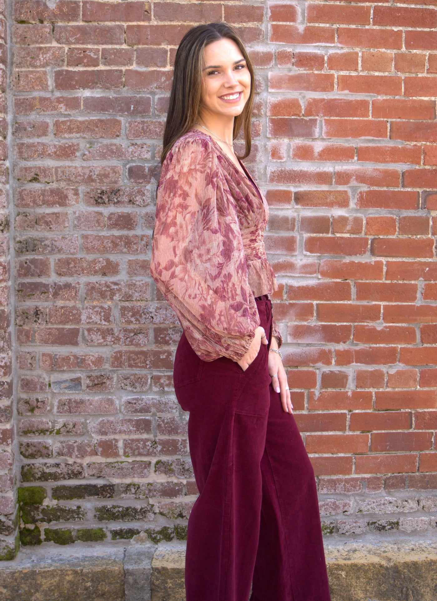 Floral Printed Blouson Blouse-blouse,Blouson Sleeves,clothing,Dress Forum,Floral,Long Sleeve,Ruffle Detail,smocked waist,Top,Tops,V-Neck,Women,women's-[option4]-[option5]-[option6]-Bella Bliss Boutique in Texas