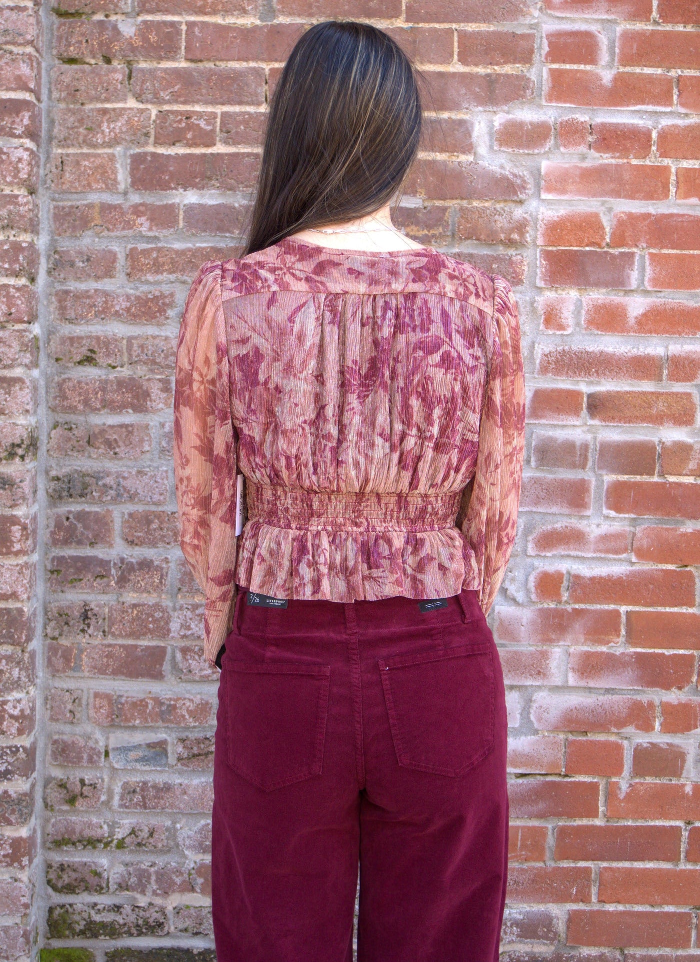 Floral Printed Blouson Blouse-blouse,Blouson Sleeves,clothing,Dress Forum,Floral,Long Sleeve,Ruffle Detail,smocked waist,Top,Tops,V-Neck,Women,women's-[option4]-[option5]-[option6]-Bella Bliss Boutique in Texas