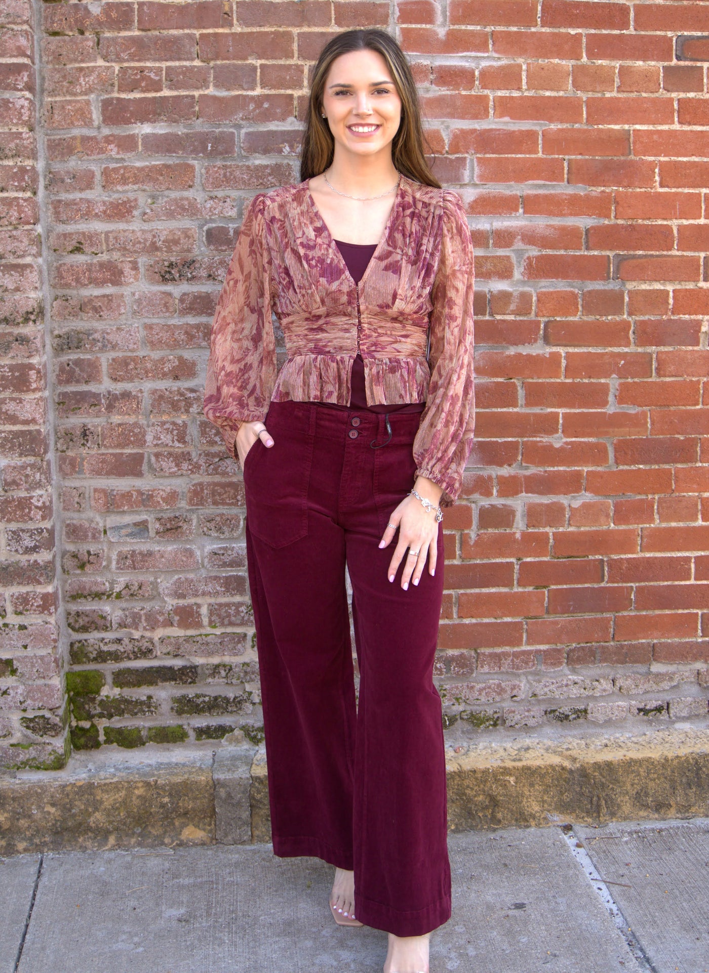 Floral Printed Blouson Blouse-blouse,Blouson Sleeves,clothing,Dress Forum,Floral,Long Sleeve,Ruffle Detail,smocked waist,Top,Tops,V-Neck,Women,women's-[option4]-[option5]-[option6]-Bella Bliss Boutique in Texas