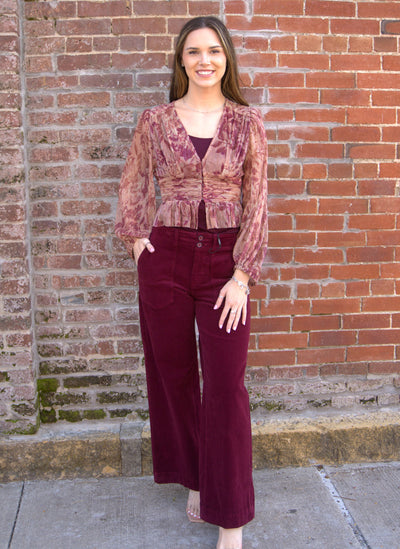 Floral Printed Blouson Blouse-blouse,Blouson Sleeves,clothing,Dress Forum,Floral,Long Sleeve,Ruffle Detail,smocked waist,Top,Tops,V-Neck,Women,women's-[option4]-[option5]-[option6]-Bella Bliss Boutique in Texas