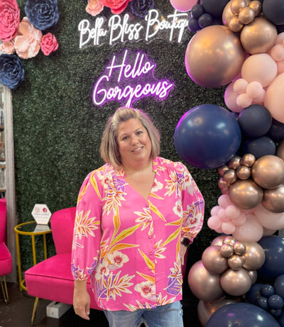 Floral Printed V-Neck Top-3/4 Sleeve,3/4 sleeves,clothing,Curvy,Floral,Floral Print,Fuchsia Multi,Sale,Top,Tops,V-Neck-[option4]-[option5]-[option6]-Bella Bliss Boutique in Texas