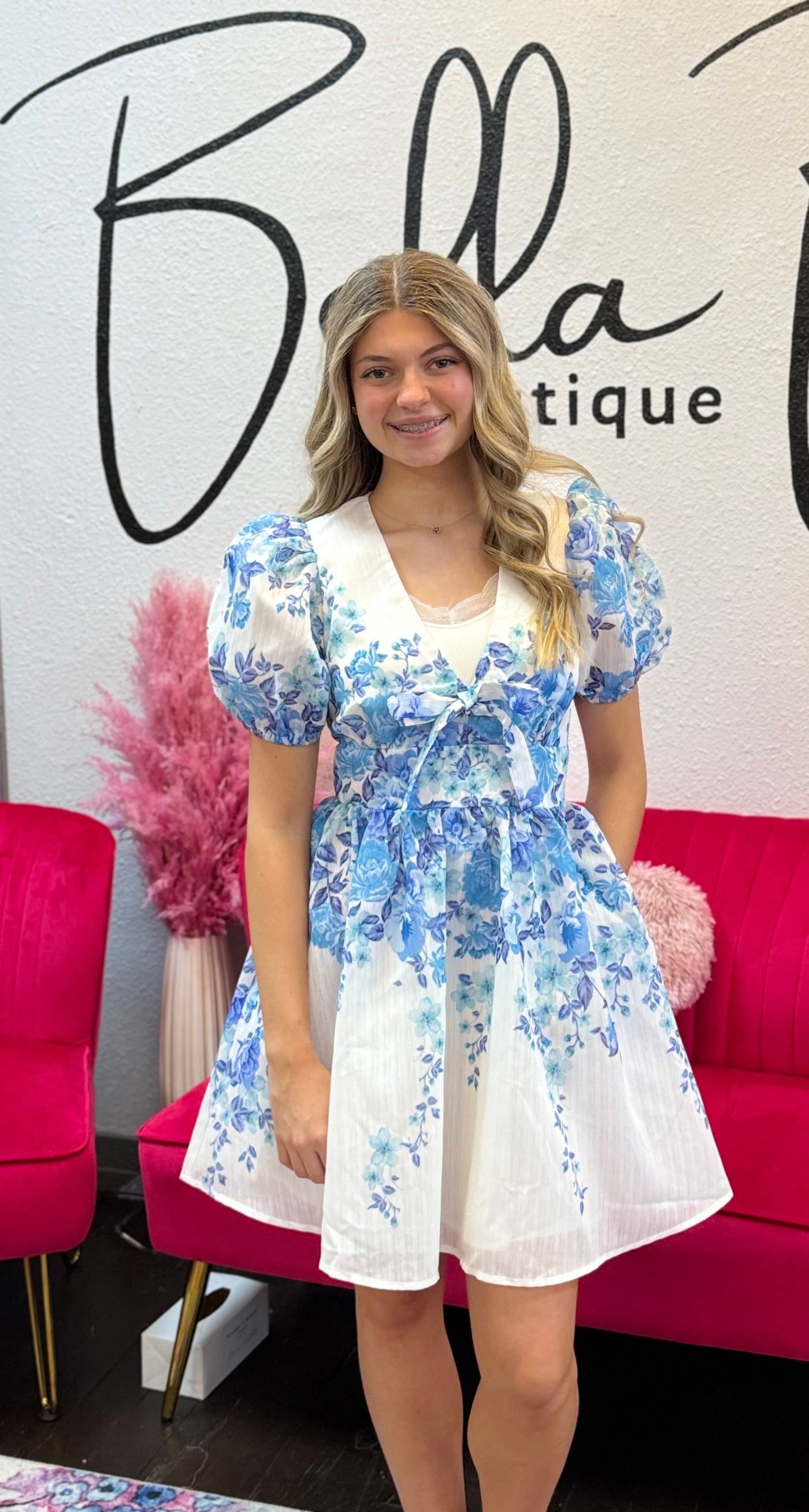 Floral Puff Sleeve Mini Dress-Bow Detail,clothing,dress,dresses,Floral Border,Floral Print,light blue,Mini Dress,Puff Sleeve,V-Neck,White,Women,women's-S-[option4]-[option5]-[option6]-Bella Bliss Boutique in Texas